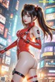 A woman in a red latex outfit standing in the middle of a city.