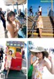 A collage of photos of a woman in a dress and hat.