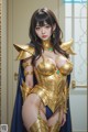 A woman in a gold and blue outfit posing for a picture.