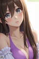 Anime girl with long brown hair wearing a purple dress.